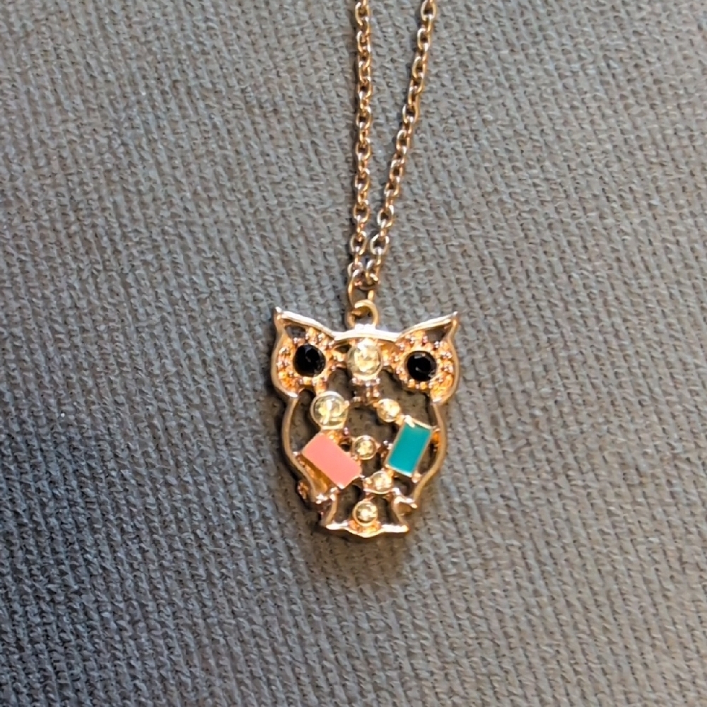 Gold Owl Pendant Necklace with Pink and Teal Accents
